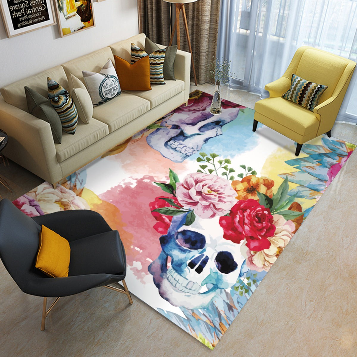 Floral skull Foldable Floor Mat, Rose skeleton Halloween carpet home decoration