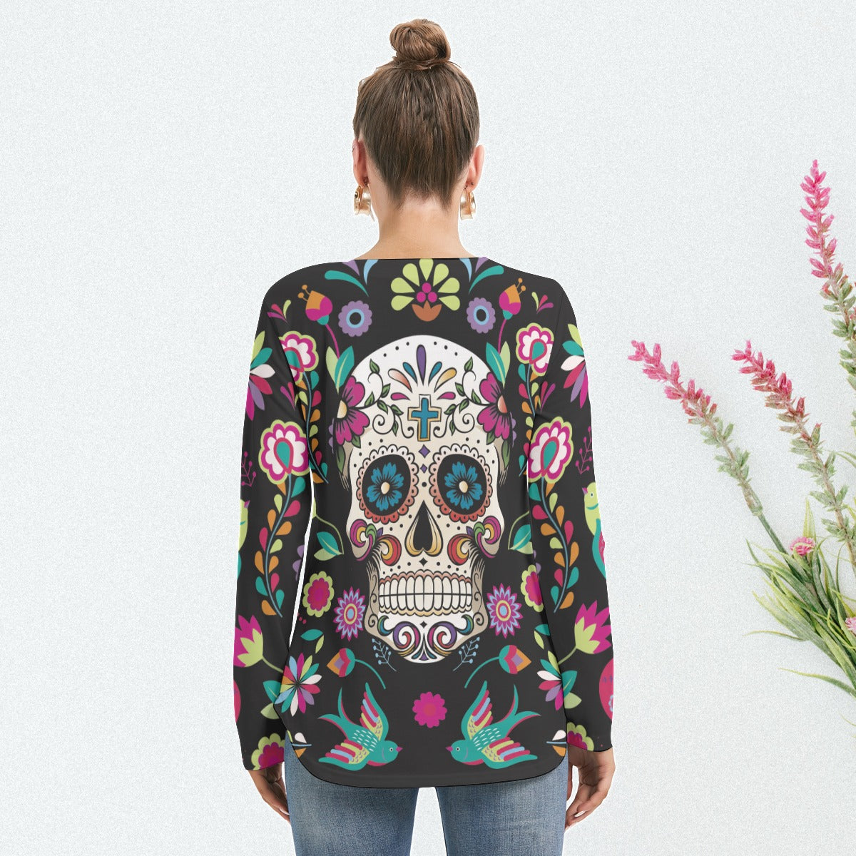 Sugar skull Women Long Sleeve Neckline Tie Sweatshirt