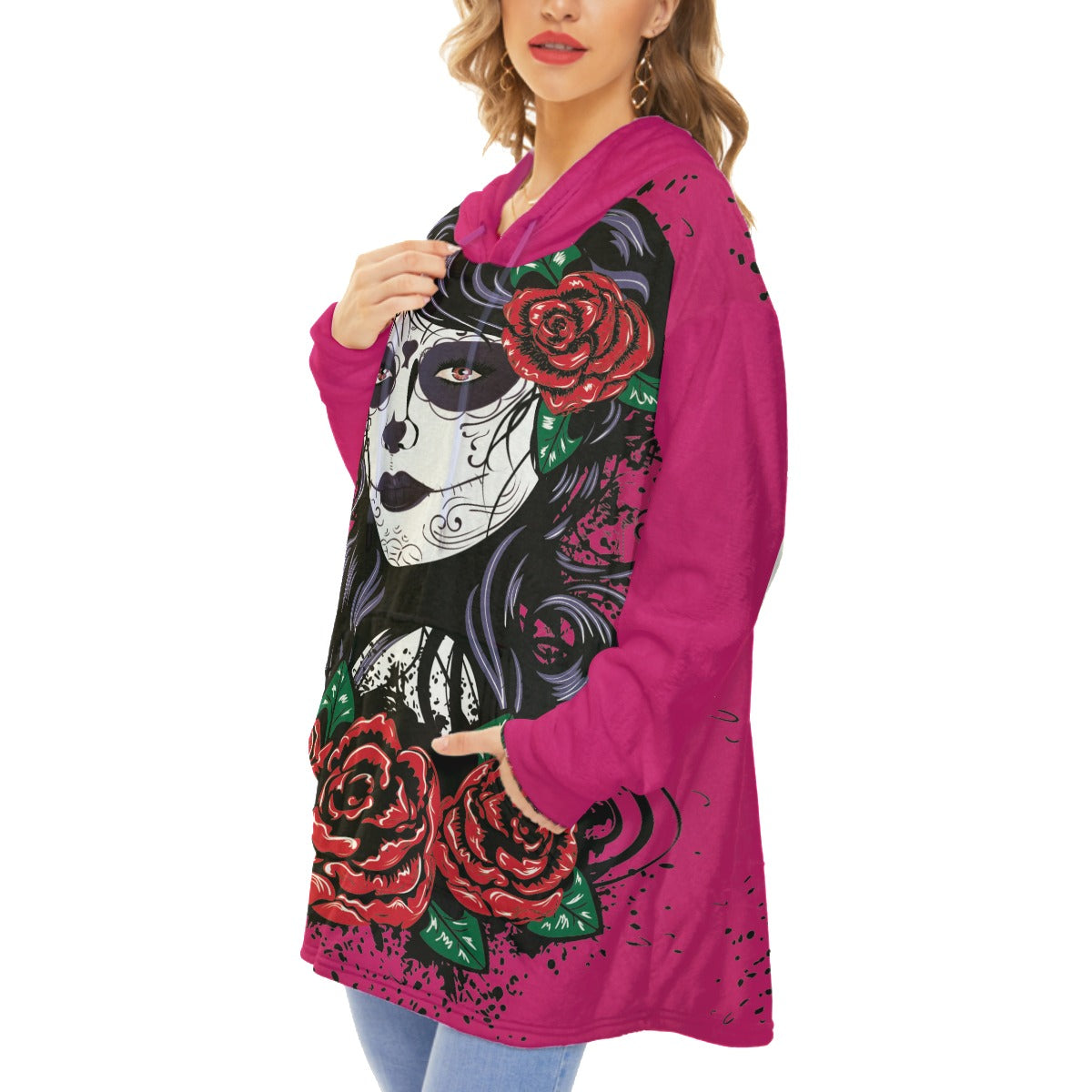 Sugar skull Unisex Flannel Fleece Blanket With Pocket