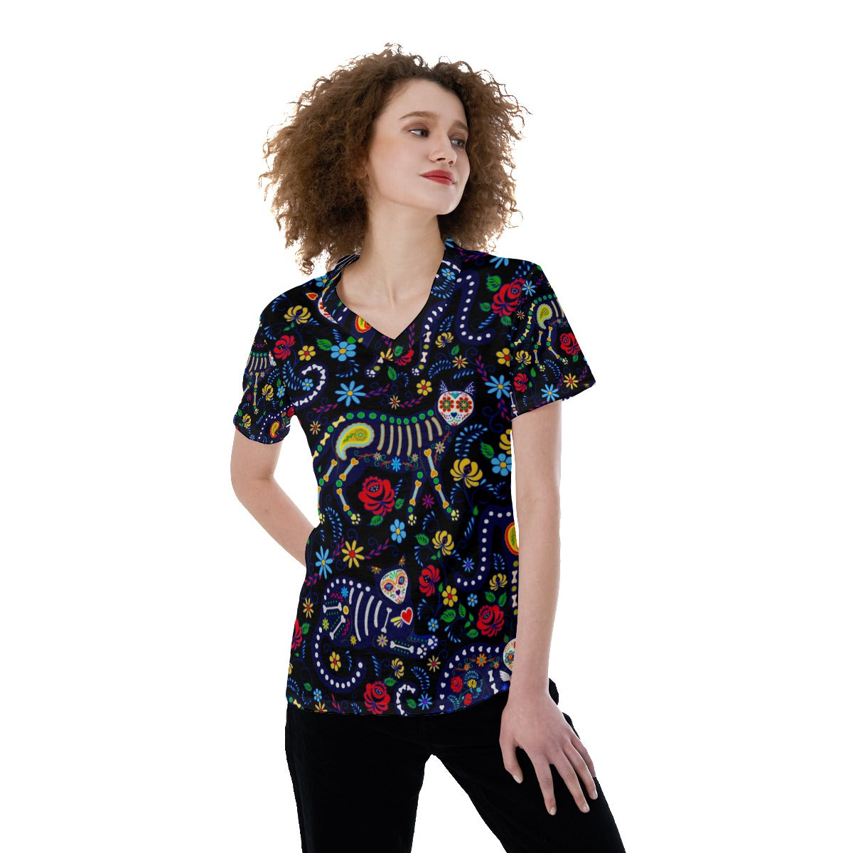 Sugar skull cat V-neck Women's T-shirt