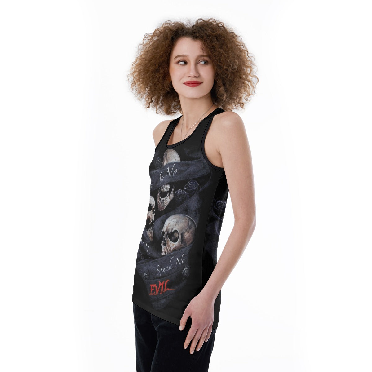 Evils no see no hear no speak skull Women's Back Hollow Tank Top