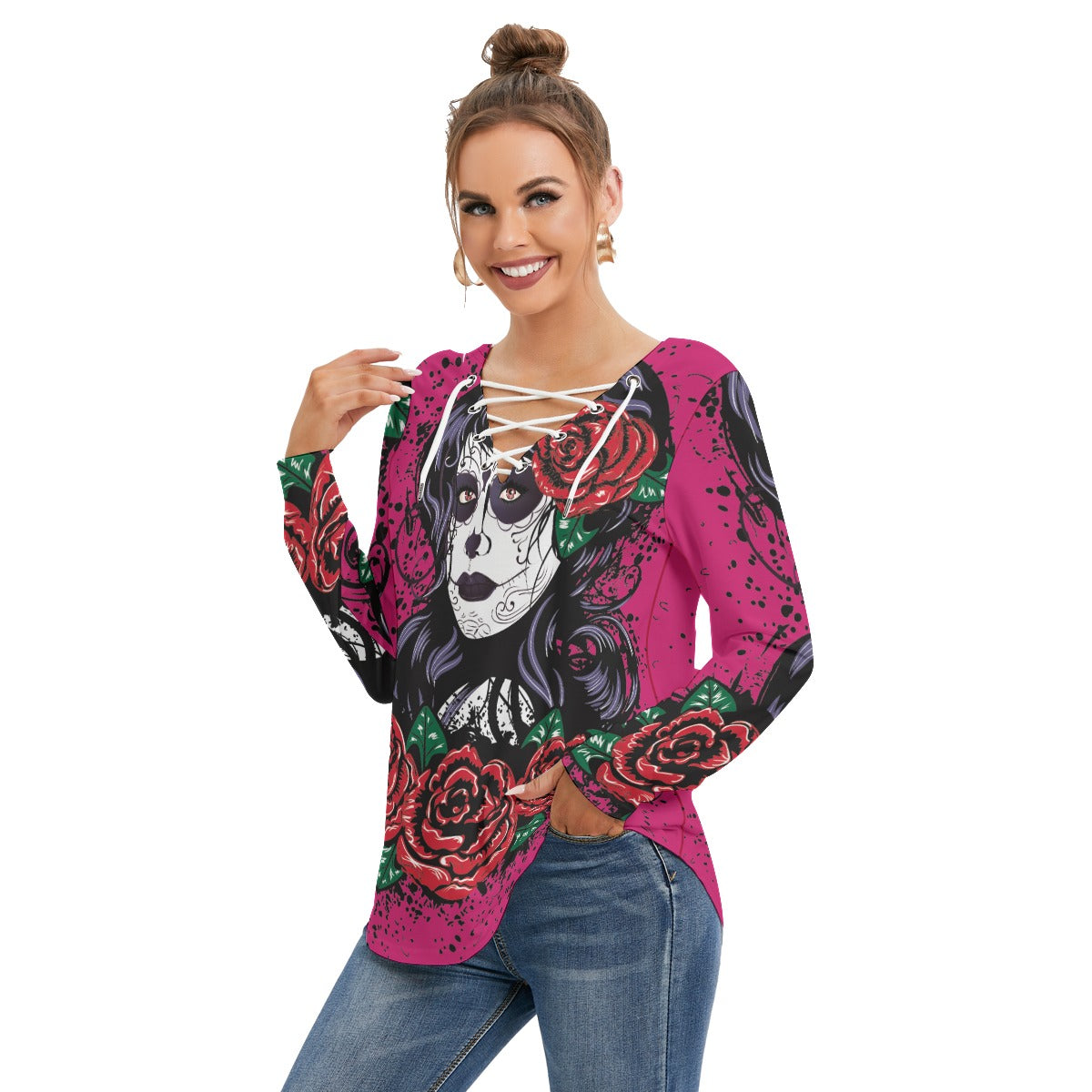 Sugar skull girl Women's Long Sleeve Neckline Tie Sweatshirt