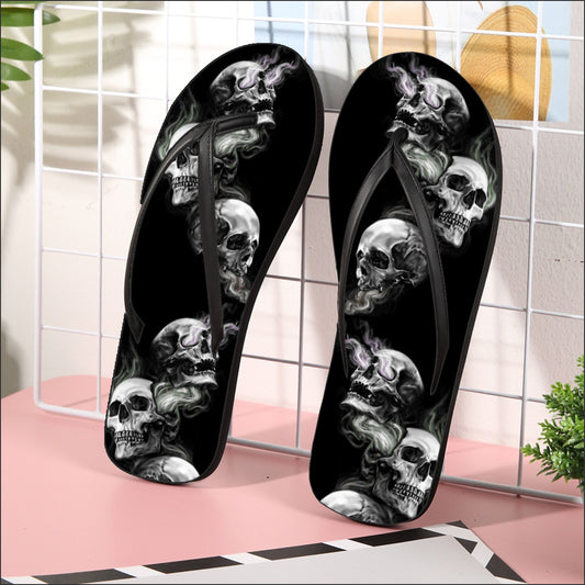 Fire skull Women's Flip Flops, Flaming gothic Halloween skull women's sandals flip flops shoes