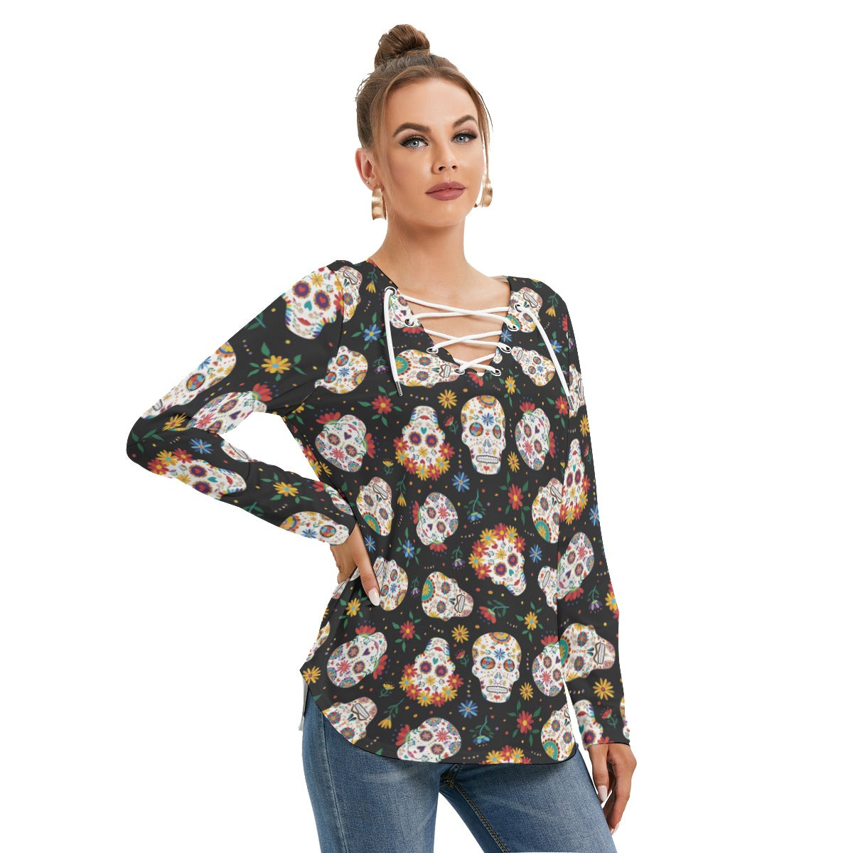 Day of the dead skull Women's Long Sleeve Neckline Tie Sweatshirt