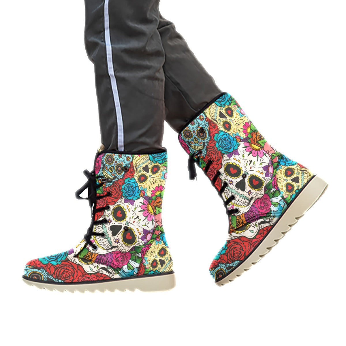 Floral sugar skull day of the dead Women's Plush Boots