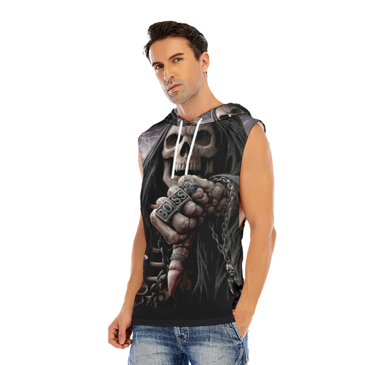 Gothic skull Halloween Men’s Hooded Tank Top, Skeleton Men's tank top, skull hoodie, Horror hooded