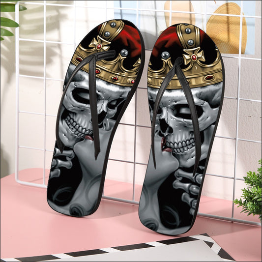 KING skull kisses Queen Women's Flip Flops, Gothic skull Halloween skeleton Flip flops sandals