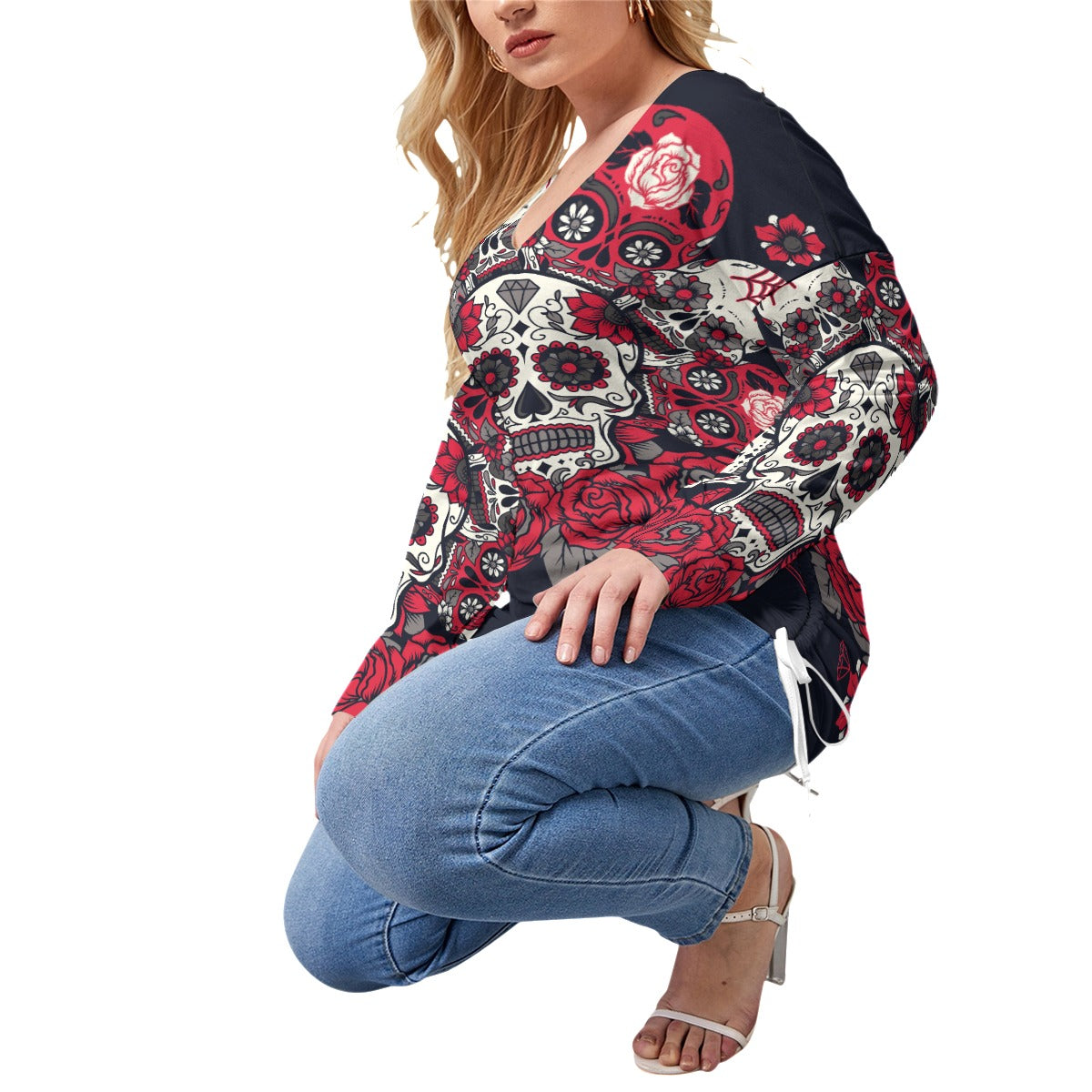 Floral sugar skull pattern Women’s V-neck T-shirt With Side Drawstring(Plus Size)