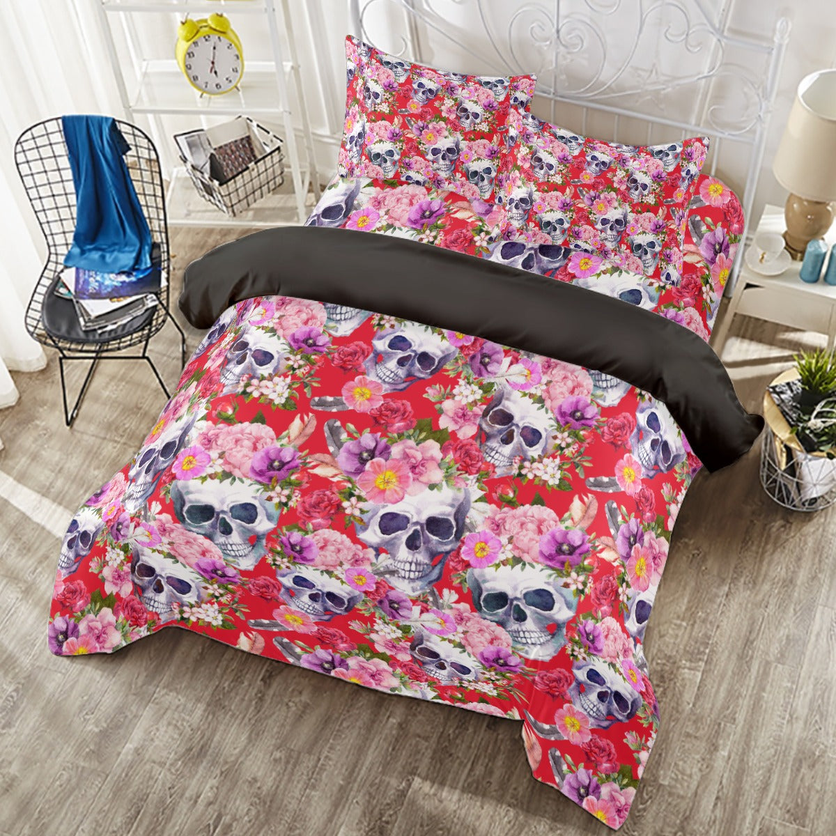 Floral pattern sugar skull Halloween skeleton Four-piece Duvet Cover Set