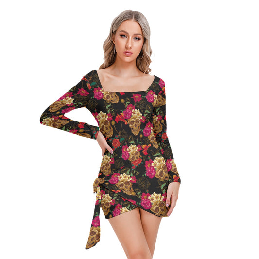 Day of the dead floral skull Women’s Square Collar Dress With Long Sleeve