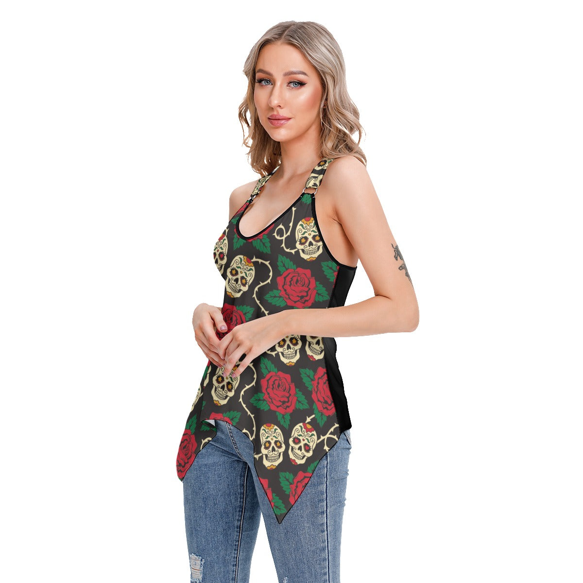 Floral skull day of the dead skeleton Women's Skinny Sport Tank Top