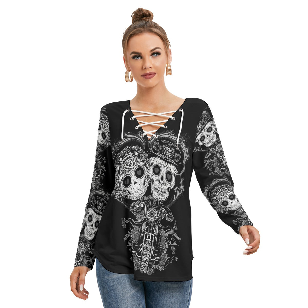 Sugar skull couple Women's Long Sleeve Neckline Tie Sweatshirt