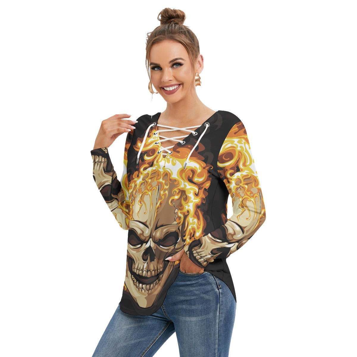 Flaming gothic skull Women's Long Sleeve Neckline Tie Sweatshirt