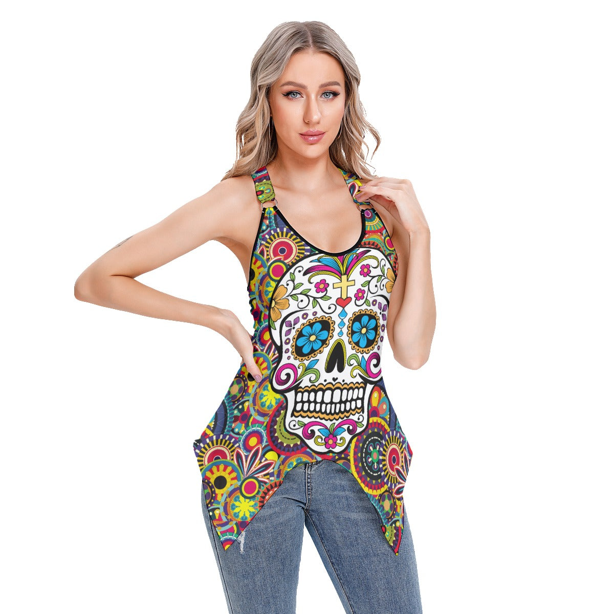 Floral day of the dead sugar skull pattern Women's Skinny Sport Tank Top