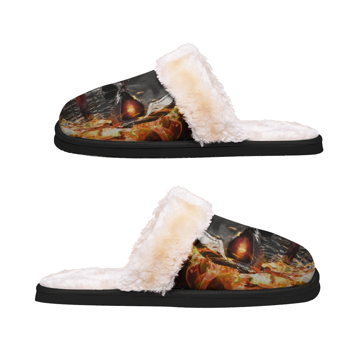 Fire skull Women's Home Plush Slippers, Flaming skull skeleton Sandals flip flops shoes