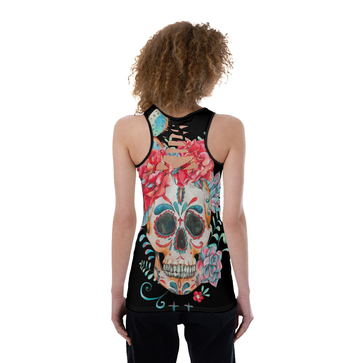 Floral skull Halloween skeleton Women's Back Hollow Tank Top