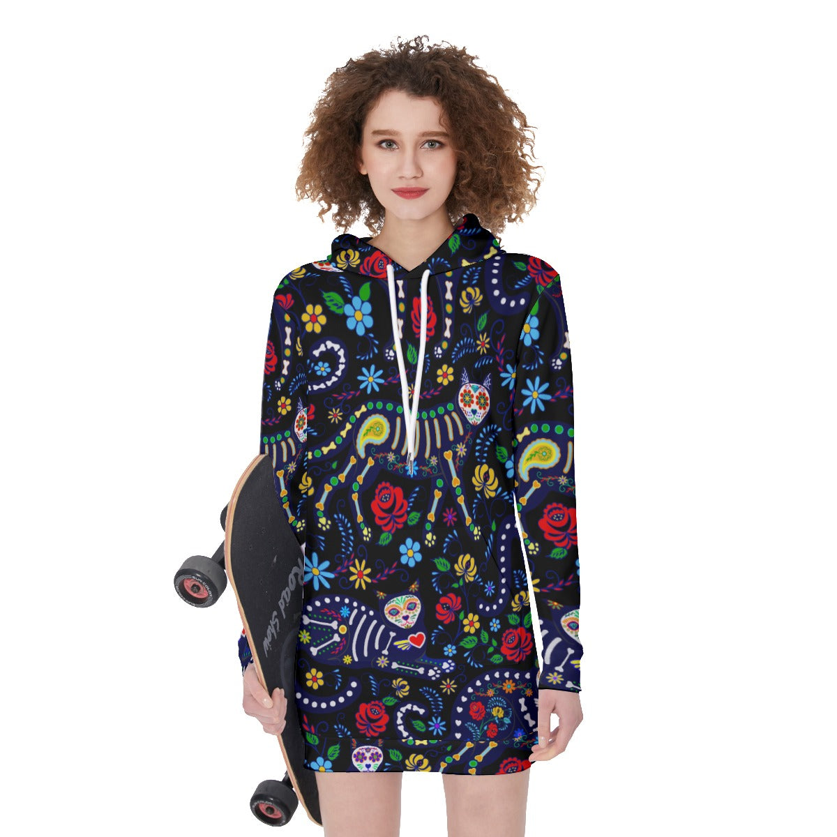 Sugar skull cat Women's Long Hoodie