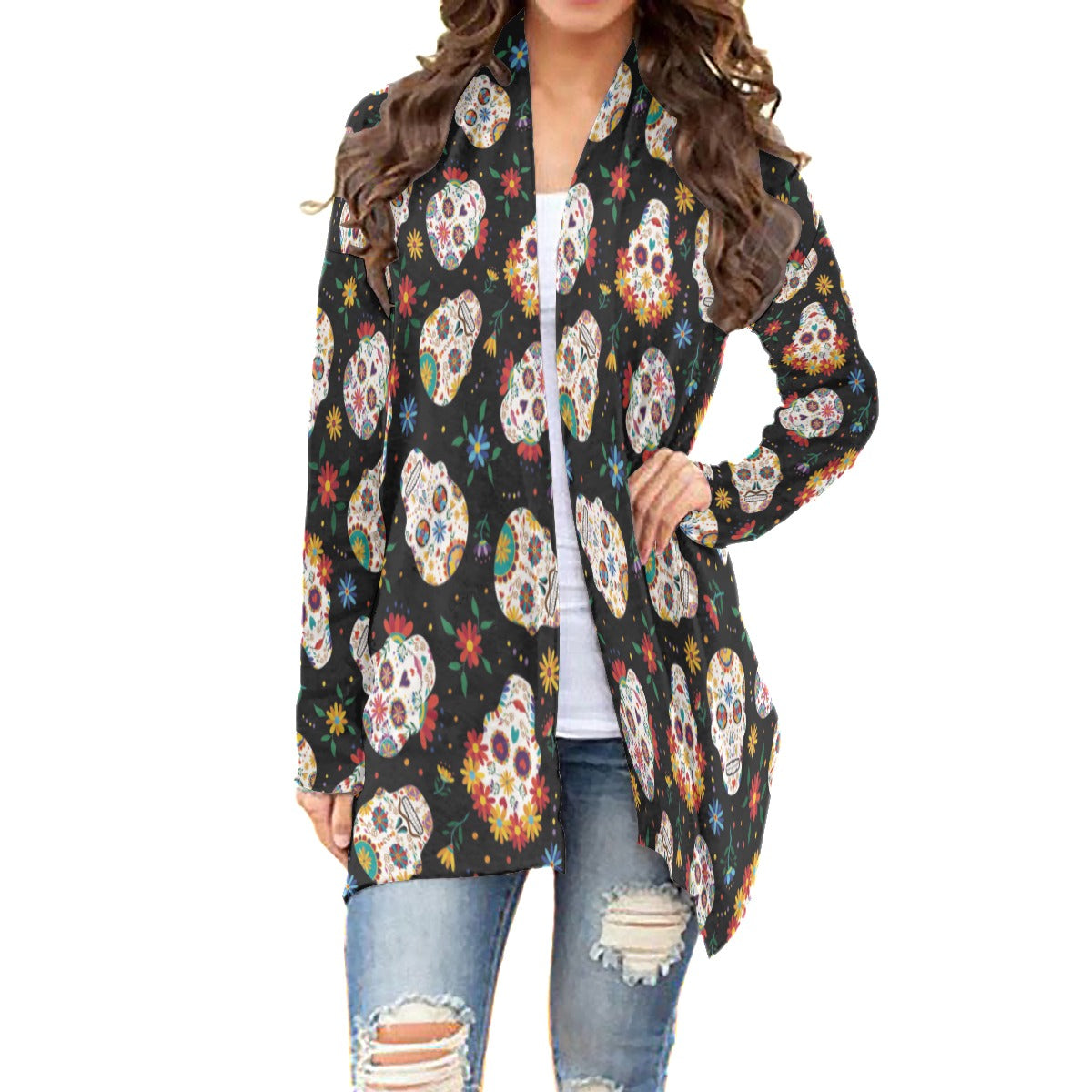 Halloween sugar skull Women's Cardigan With Long Sleeve