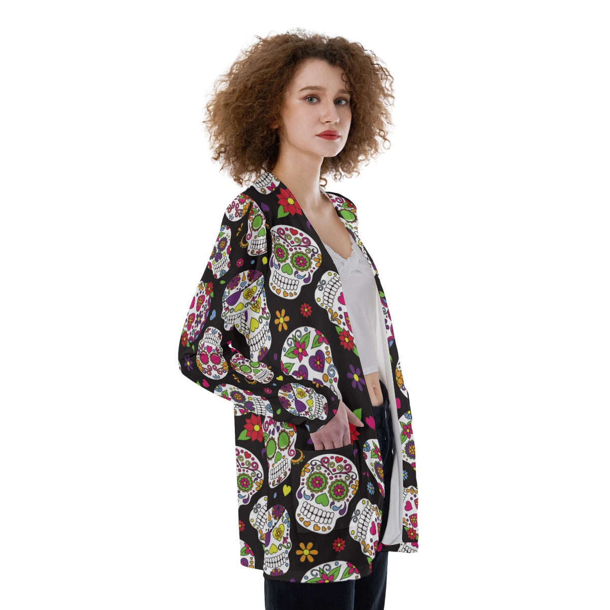 Sugar skull All-Over Print Women's Patch Pocket Cardigan