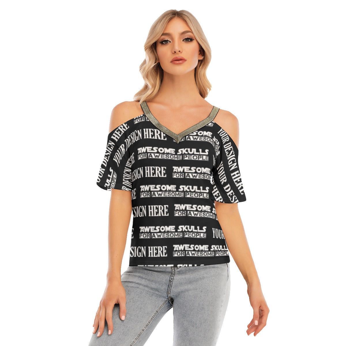 Custom print on demand pod Women's Top Cold Shoulder T-shirt With Golden Elastic Band On Neck