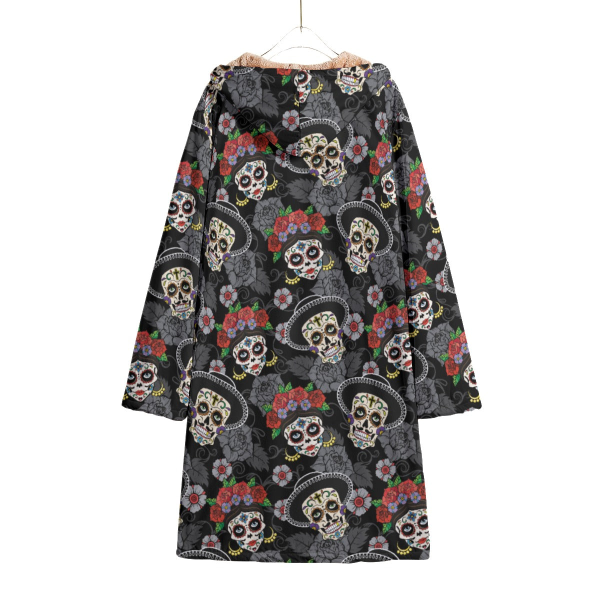 Floral sugar skull candy skull day of the dead cloak Horn Button Long Fleece Windbreaker