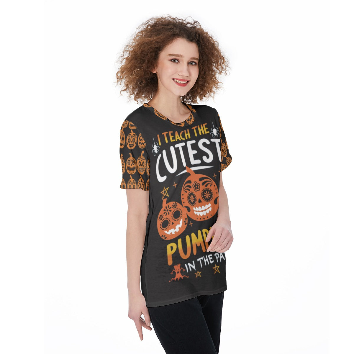 Halloween pumpkin sugar skull Women'S O-Neck T-Shirt