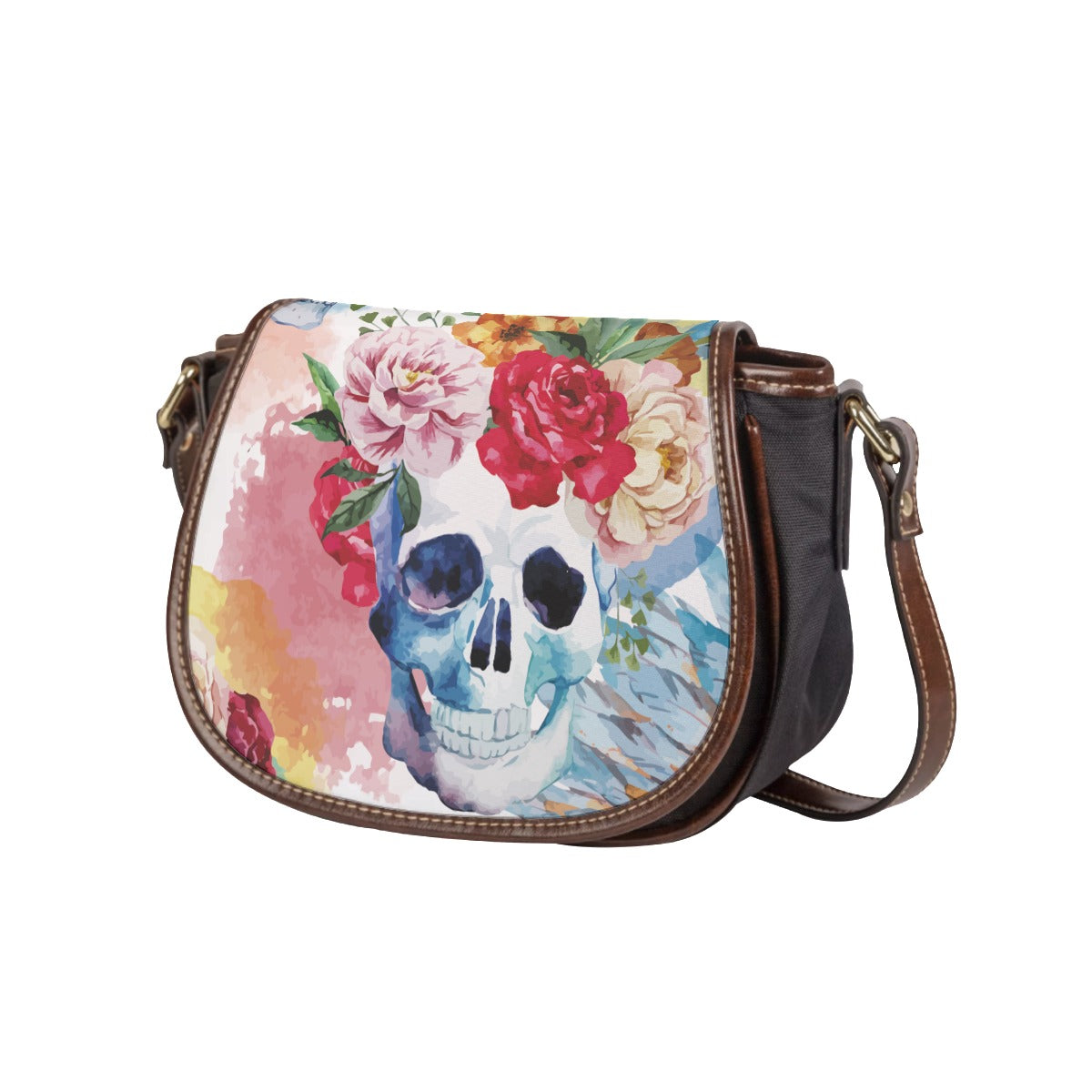 Floral skull Tambourin Bag, Rose skull gothic shoulder bag purse crossbody bag