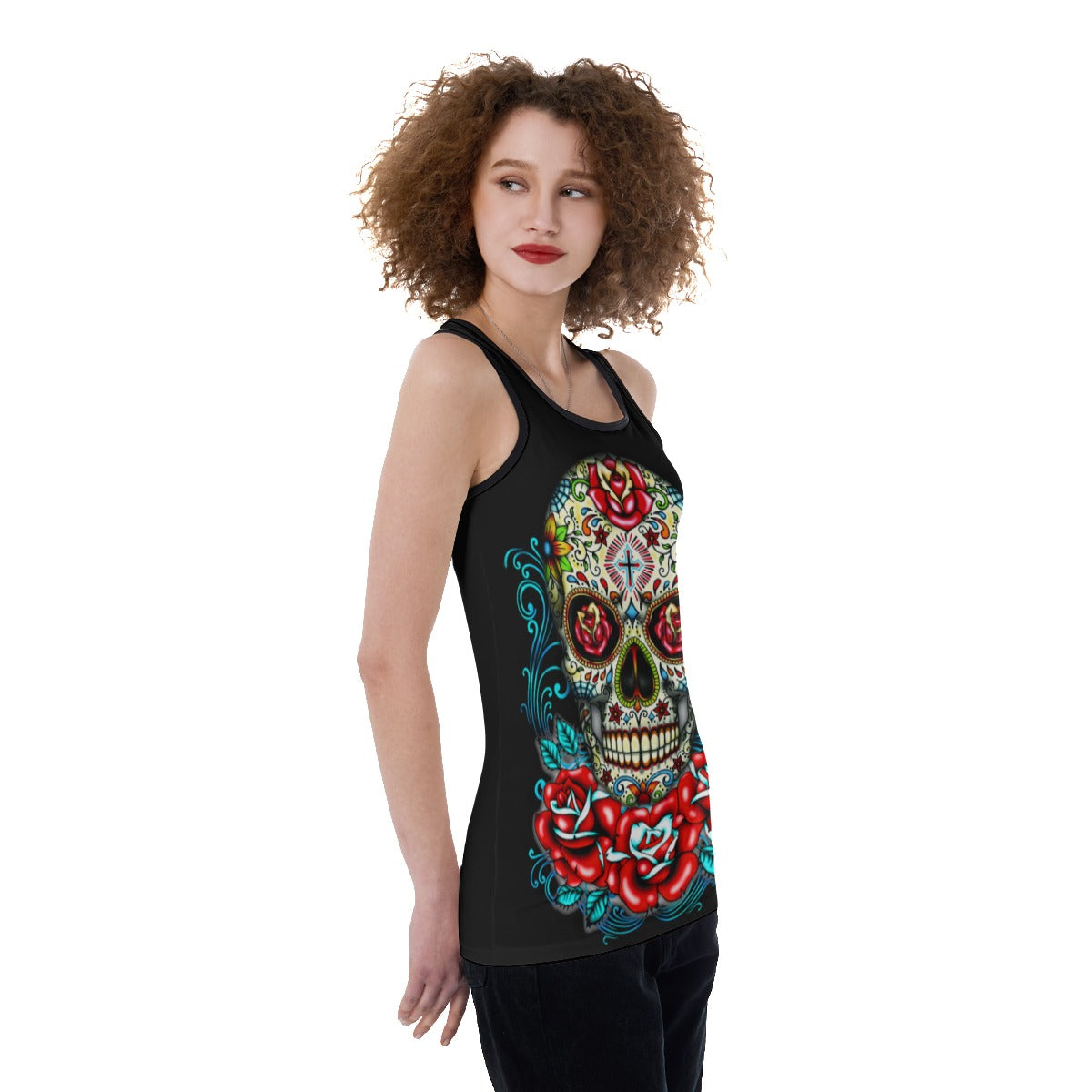 Floral sugar skull day of the dead Print Women's Back Hollow Tank Top