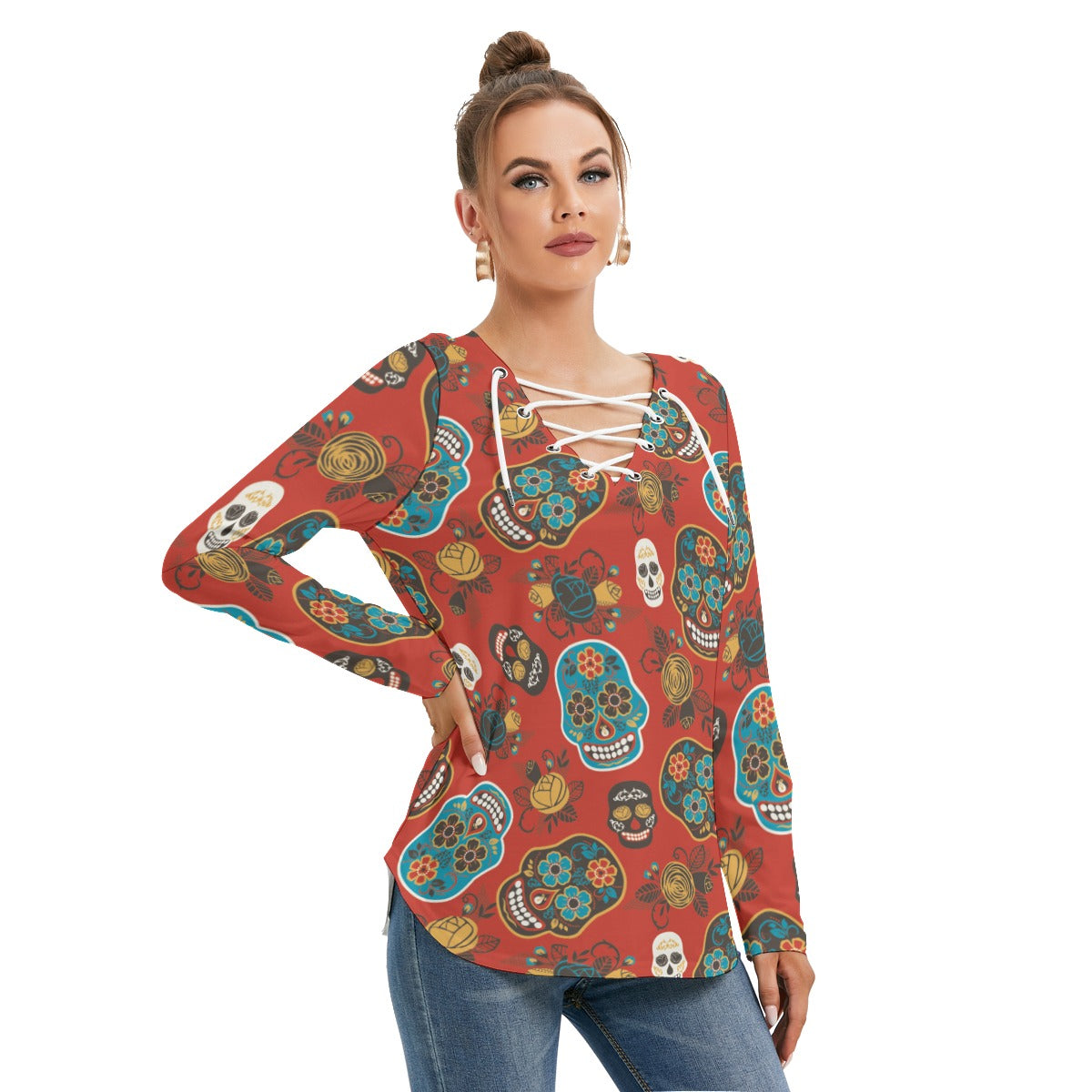 Sugar skull day of the dead Women's Long Sleeve Neckline Tie Sweatshirt