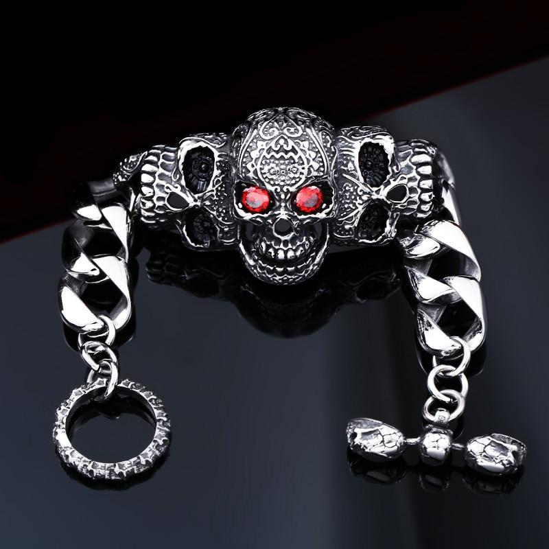316lStainless steelCool Men's Steel High Quality Red Eye Stone Biker Man Skull charms Bracelet Chain Factory Price BC8-021