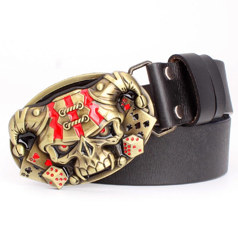 Cool belt for men punk belt golden skull buckle Skull clown pattern cow leather Gambler Skeleton hip hop belt men's gift
