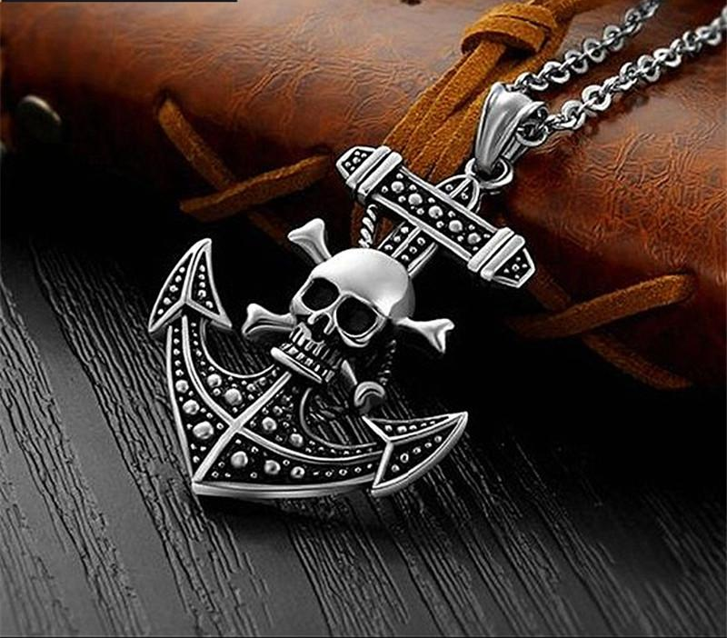 Retro punk men Anchor necklace fashion jewelry stainless steel skull cross pendants necklaces vintage male accessories gift