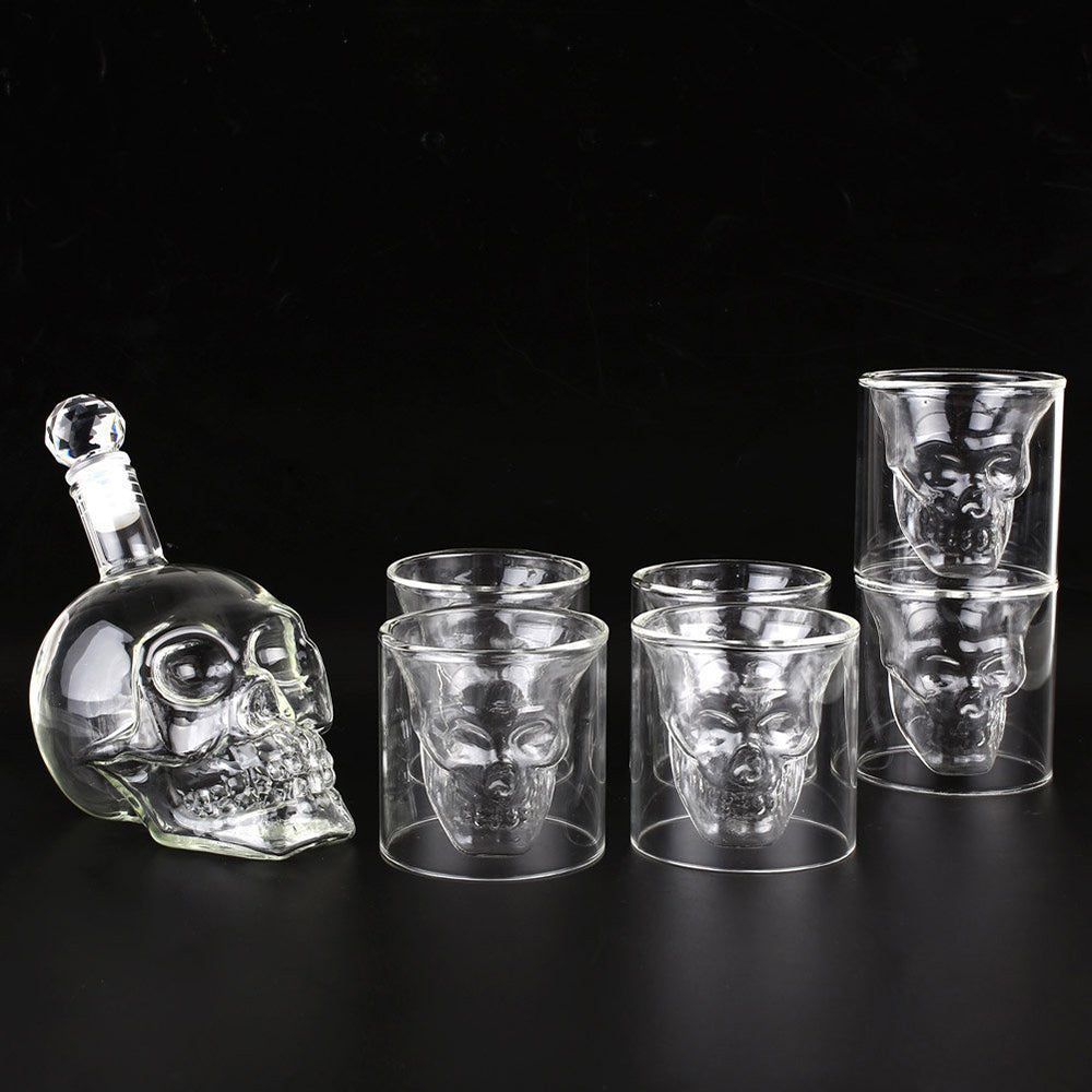 7pcs/set Glass Cup 75ml Crystal Skull Head Shot Glass With 550ml Vodka Bottle Home Bar Mug Beer Wine Champagne Cristal Glass Cup