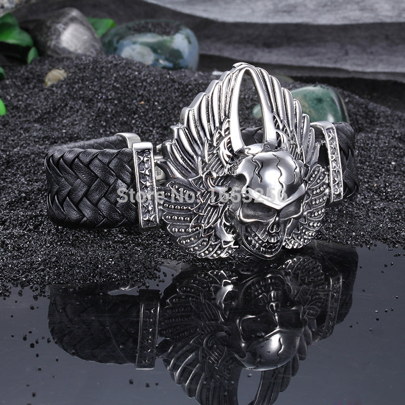 8.66'' Cool 316L Stainless Steel Men's Heavy Genuine leather Large Angel wings Skull Bracelet Bangle Husband / father gifts
