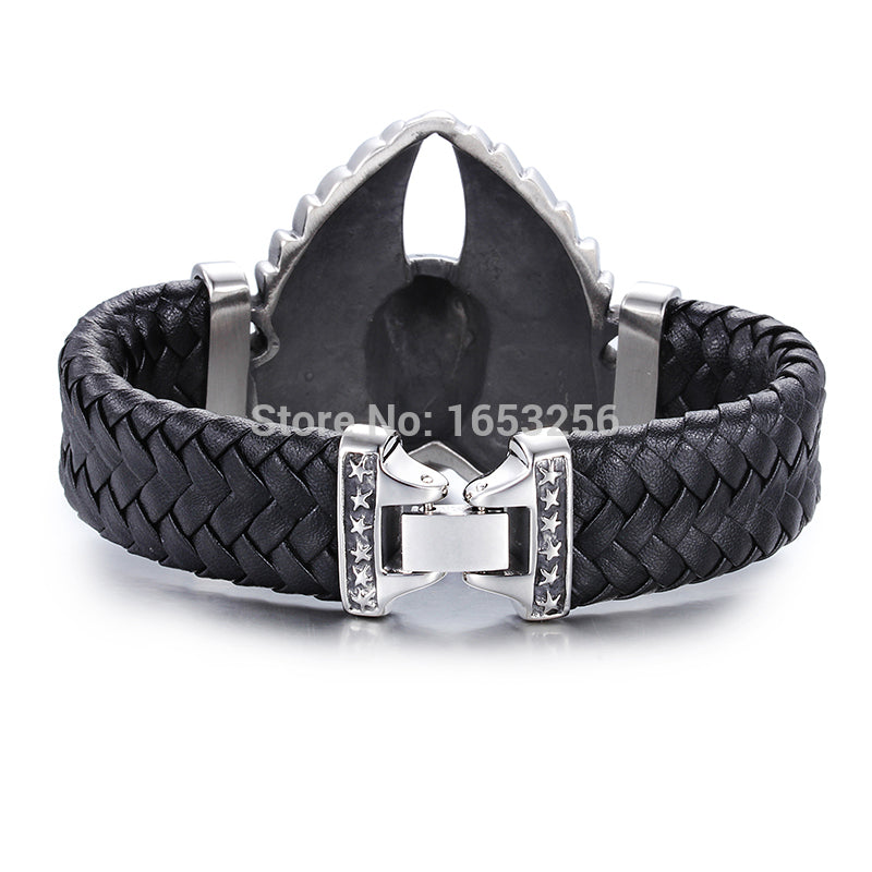 8.66'' Cool 316L Stainless Steel Men's Heavy Genuine leather Large Angel wings Skull Bracelet Bangle Husband / father gifts
