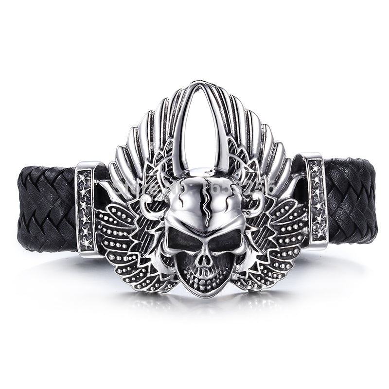 8.66'' Cool 316L Stainless Steel Men's Heavy Genuine leather Large Angel wings Skull Bracelet Bangle Husband / father gifts