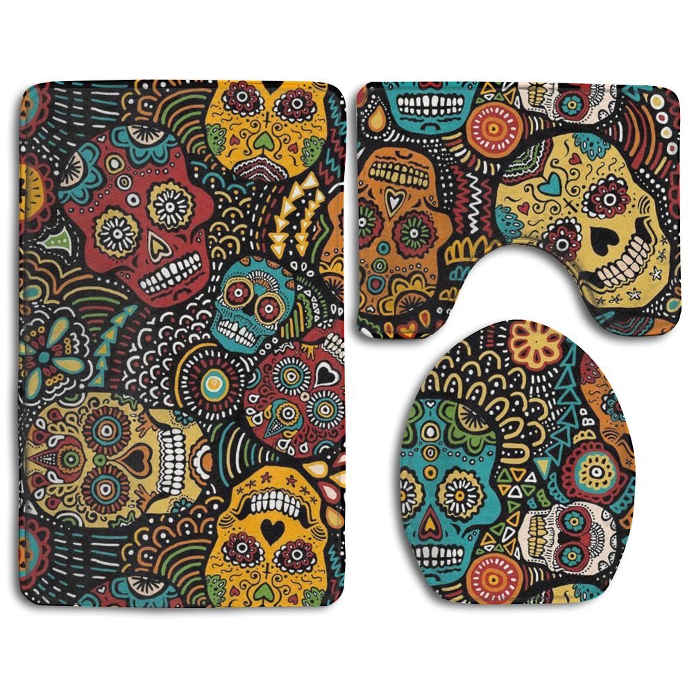 Mexican Sugar Skulls 3 Piece Bath Mat Set Toilet Rug Bathroom Contour Mat Non-slip Washable Rubber Backing
