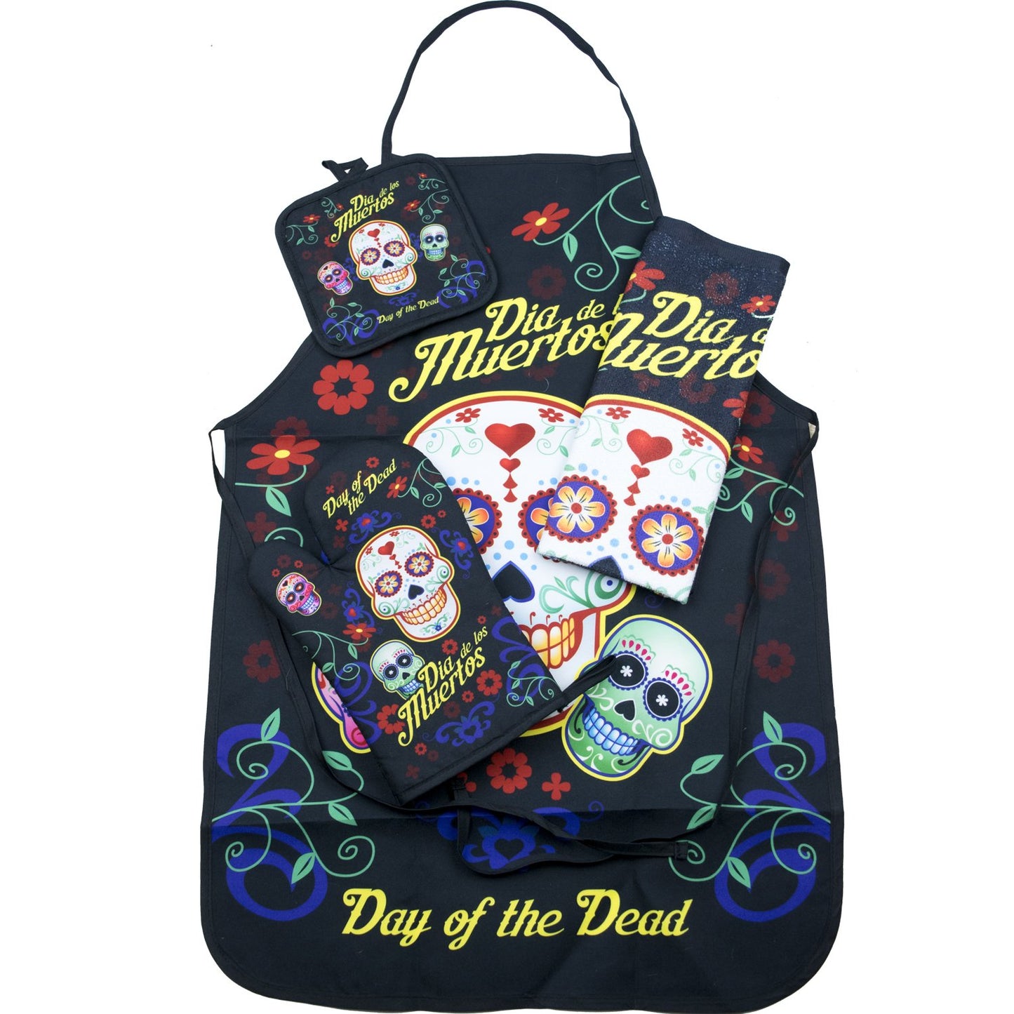 National Concepts Day of The Dead Sugar Skull Kitchen Apron Set - 4 Pieces (1) Unisex Fits Most Apron (1) Kitchen/Tea Towel (1) Pot Holder (1) Oven Mitt