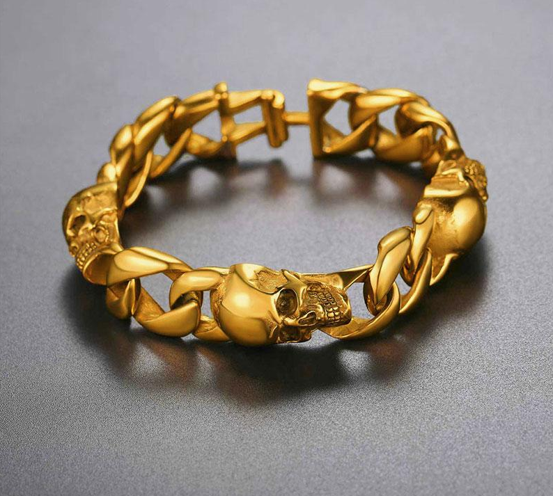 Skull Bracelet Men Stainless Steel Halloween Jewelry Punk Skeleton Link Hand Chain Gold/Black Color Gothic Bracelet