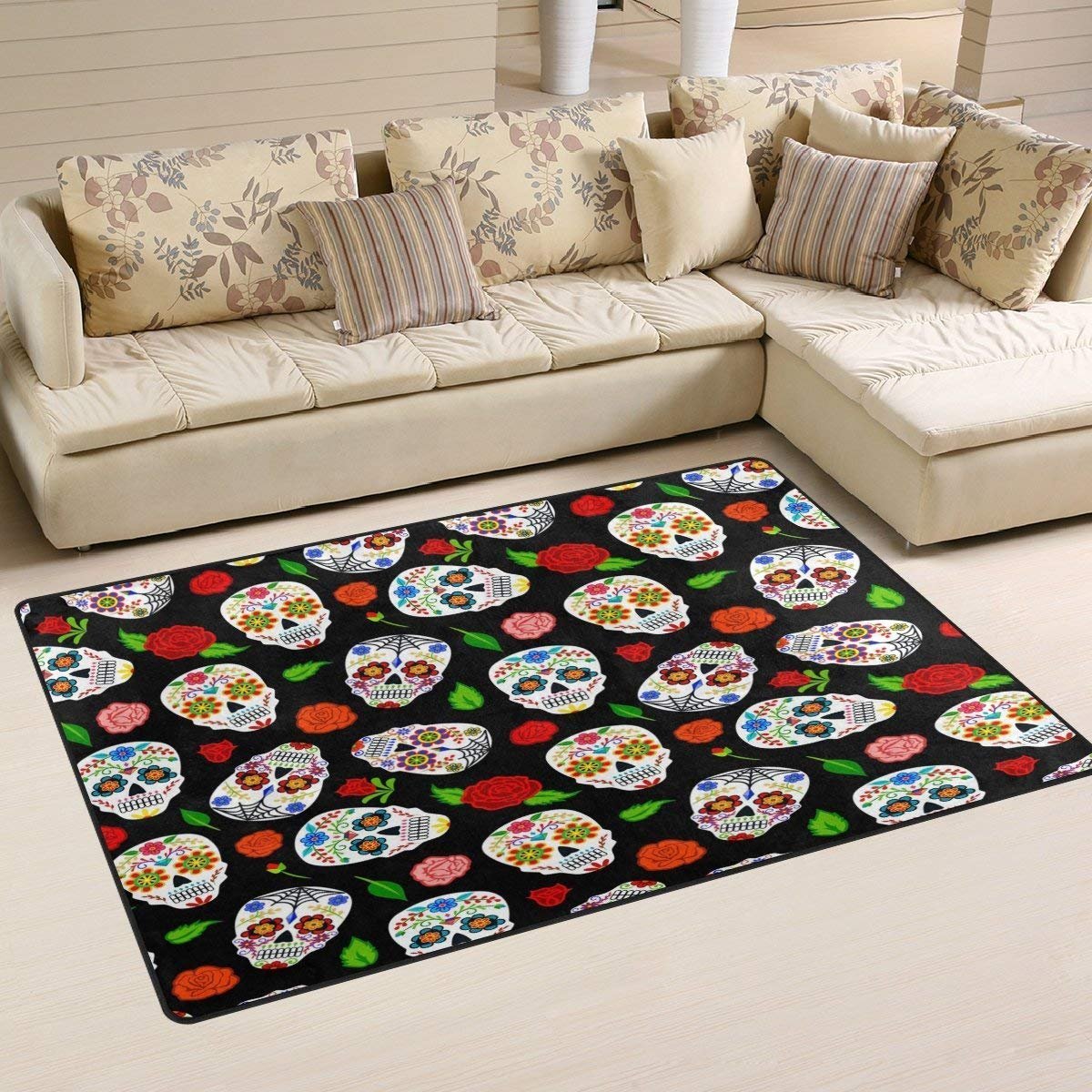 Rose Floral Sugar Skull Area Rug Rugs Non-Slip Floor Mat Doormats Living Room Bedroom 16 x 24 inches
