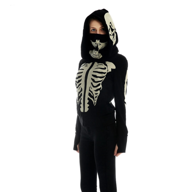 Women's Black Hooded Zipper Sweatshirt Skeleton Skull Mask Gothic Hoodie