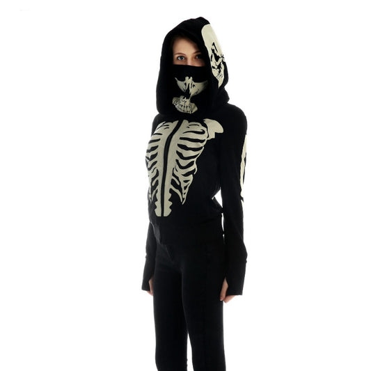 Women's Black Hooded Zipper Sweatshirt Skeleton Skull Mask Gothic Hoodie