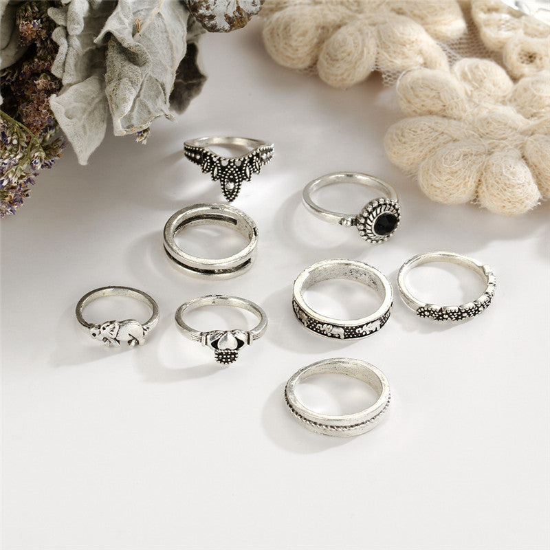 8pcs/set Boho Knuckle Rings Carved Elephant Heart Crown Rings for Women Vintage Party Midi Ring Jewelry valentines day gift