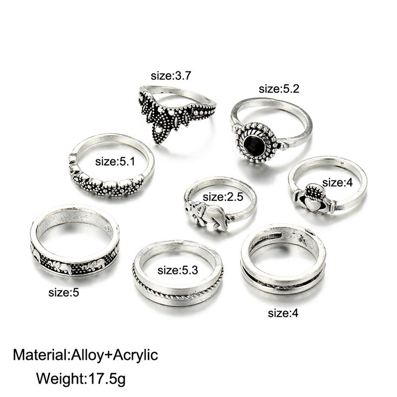 8pcs/set Boho Knuckle Rings Carved Elephant Heart Crown Rings for Women Vintage Party Midi Ring Jewelry valentines day gift