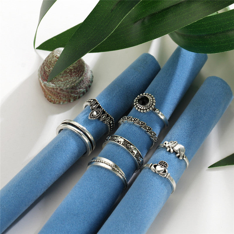 8pcs/set Boho Knuckle Rings Carved Elephant Heart Crown Rings for Women Vintage Party Midi Ring Jewelry valentines day gift