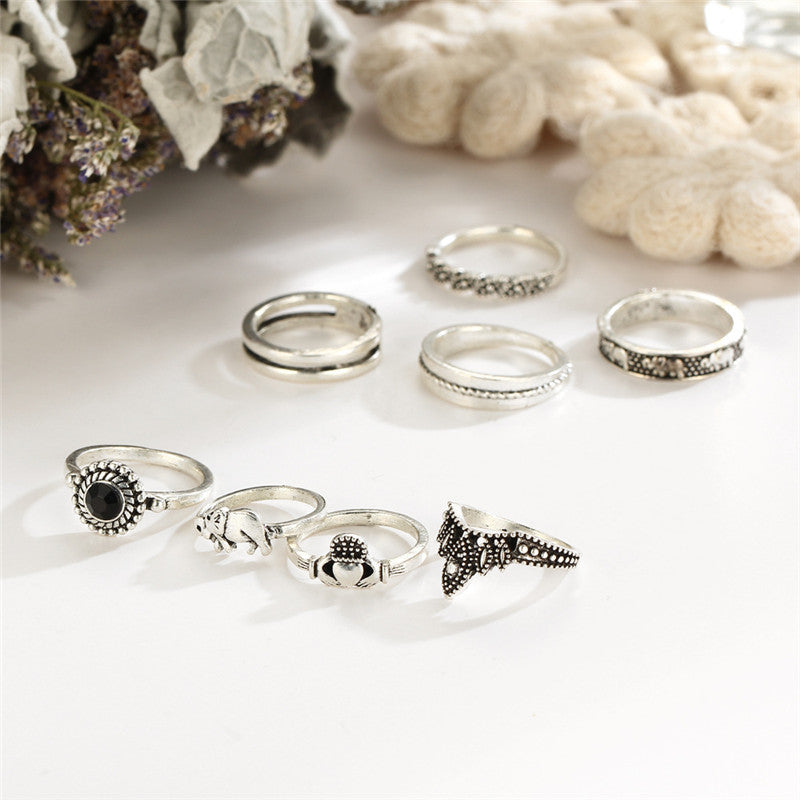 8pcs/set Boho Knuckle Rings Carved Elephant Heart Crown Rings for Women Vintage Party Midi Ring Jewelry valentines day gift