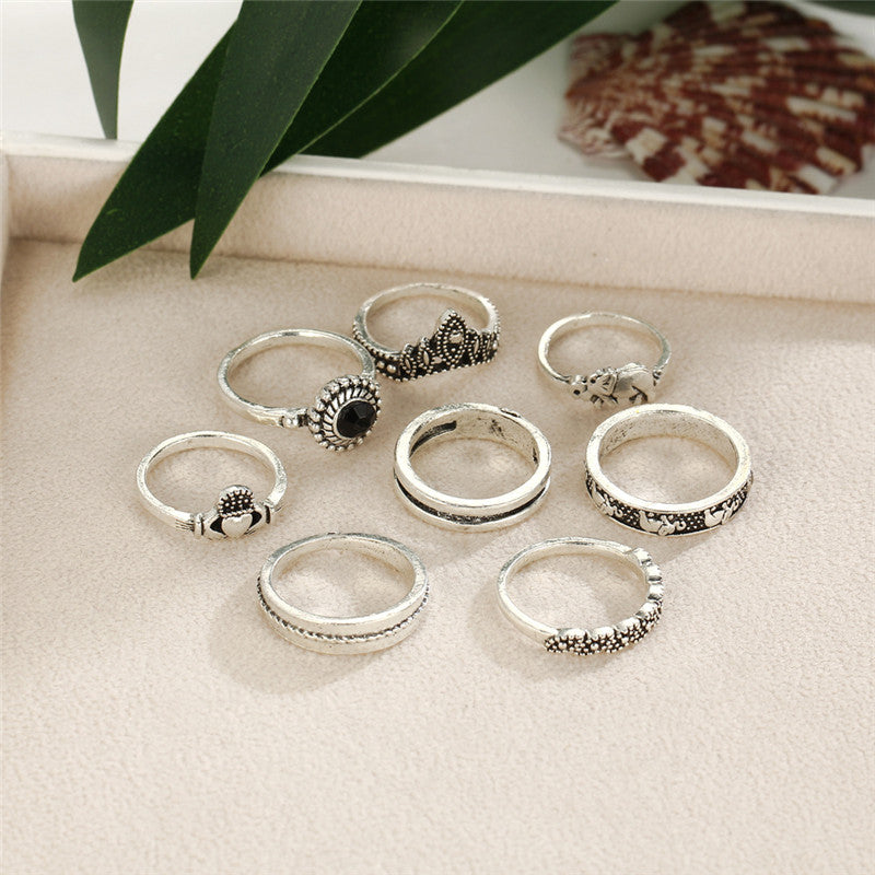 8pcs/set Boho Knuckle Rings Carved Elephant Heart Crown Rings for Women Vintage Party Midi Ring Jewelry valentines day gift