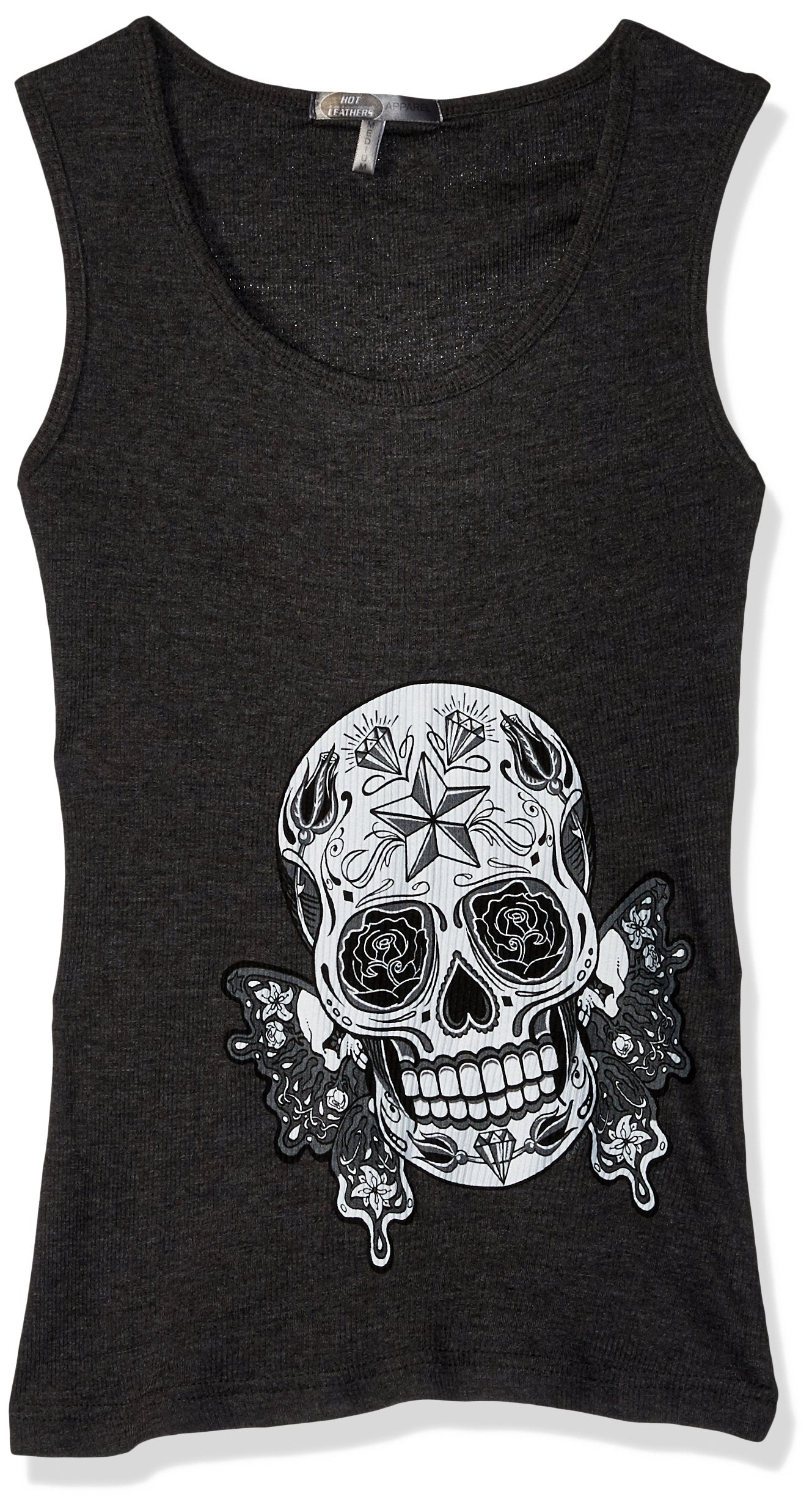 Hot Leathers Butterfly Sugar Skull Women's Full Length Boy Beater Tank Top (Heather Charcoal, Medium)