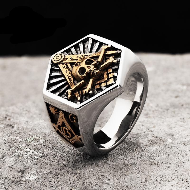 Ring For Men hexagon skull Stainless steel Freemason Totem Jewelry