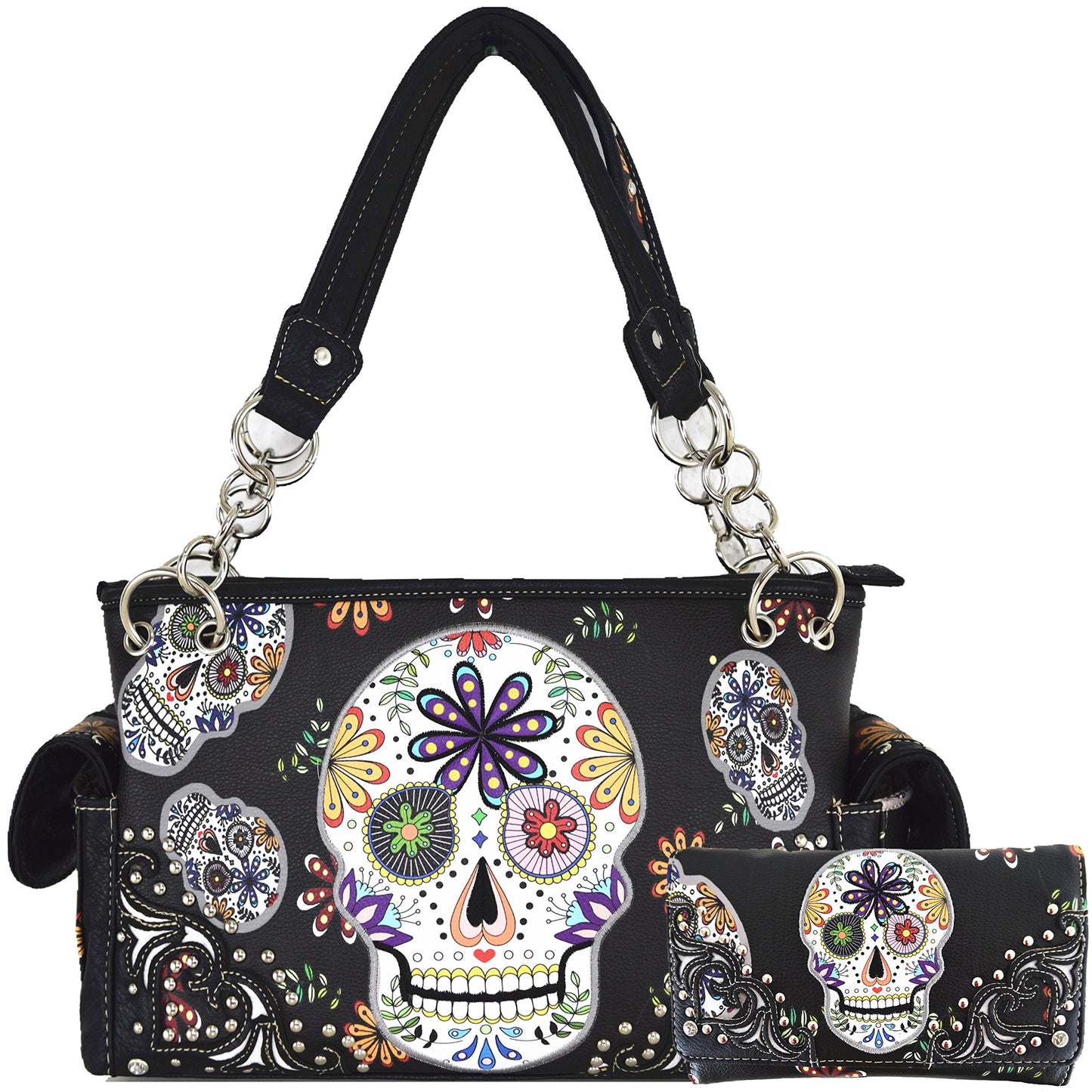 Sugar Skull Handbag Women's Shoulder Bag Wallet Set Black